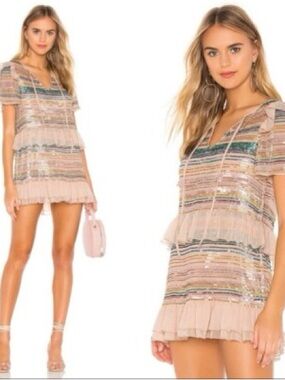 Revolve Tularosa Sequined Striped V-Neck Mini Dress in Blush